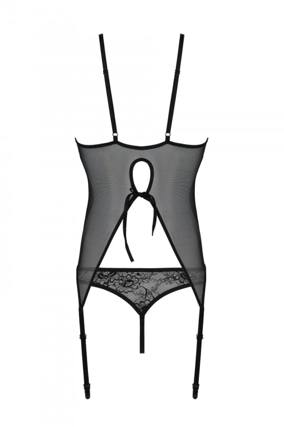 Корсет с пажами, трусики с ажурным декором и открытым шагом Passion URSULA CORSET L/XL, black фото 4