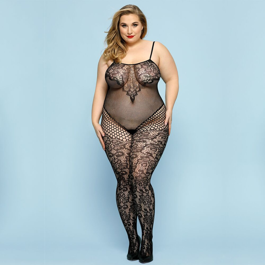 Відвертий бодістокінг JSY «Фатальна Скарлет» Plus Size, Black, імітація боді, мереживо, доступ фото 1