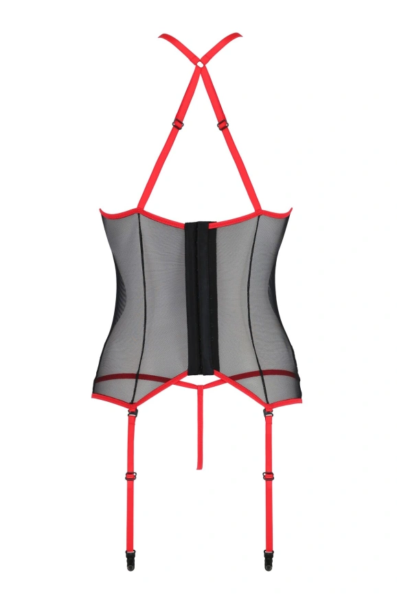 Корсет с пажами Passion SATARA CORSET L/XL red, стринги, кружево, застежки спереди и сзади фото 4