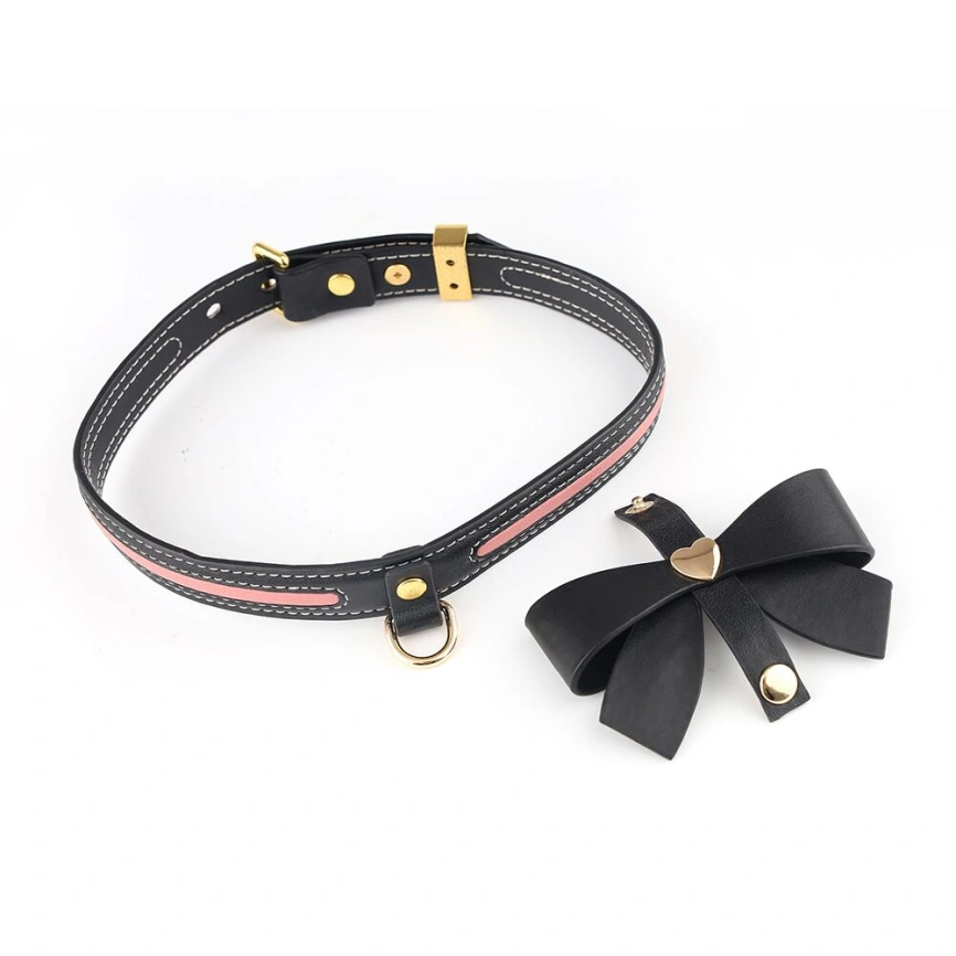 Ошейник с поводком LOCKINK SEVANDA Love Heart Butterfly Leather Collar Set, черно-розовый, с бантом фото 2