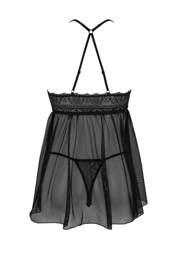 Пеньюар Passion KERRIA CHEMISE black, XXL/XXXL, кружевной верх, трусики в комплекте фото 4