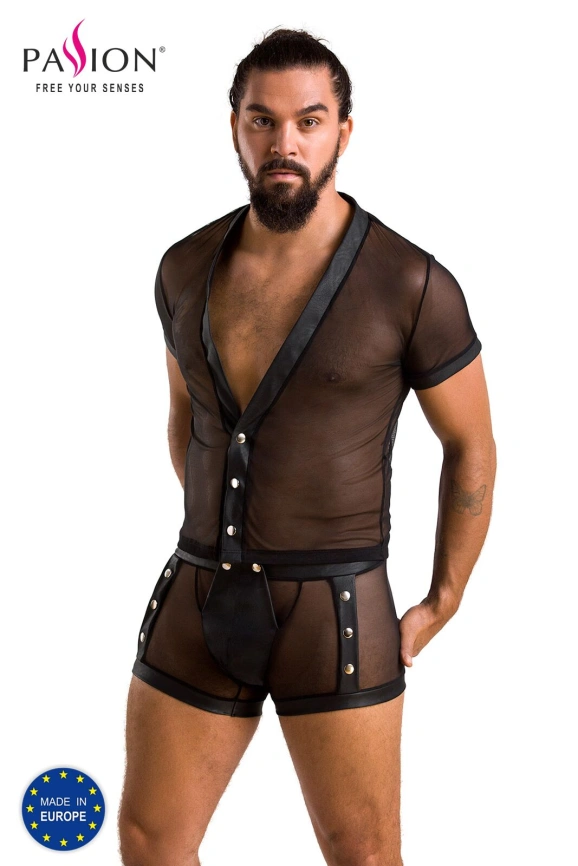 Комплект сетчатого мужского белья Passion 052 SET MICHAEL S/M black, рубашка, боксеры, заклепки фото 5