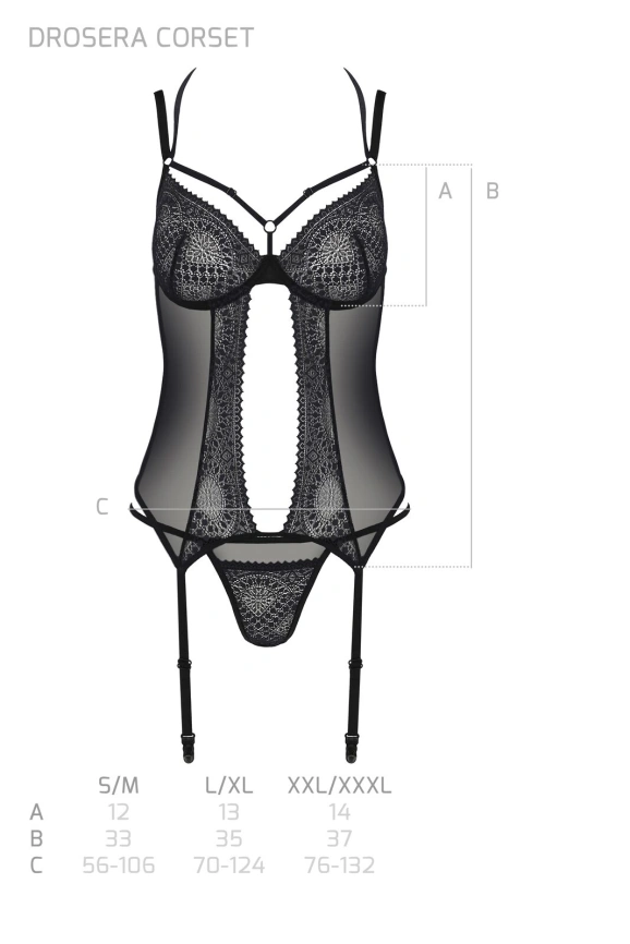 Корсет Passion DROSERA CORSET black, S/M, с креплениями для чулок, трусики в комплекте фото 5