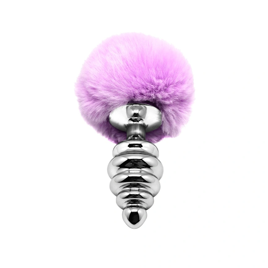 Металлическая анальная пробка Кроличий хвостик Alive Fluffy Twist Plug L Purple, диаметр 3,8 см фото 1