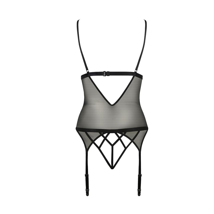 Корсет з відкритими грудьми Passion DIABOLINA CORSET S/M, black, пажі, трусики, напівпрозорий фото 4