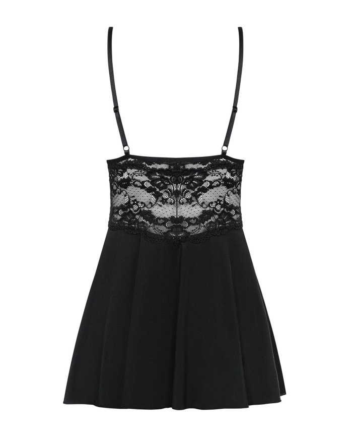 Сатиновий пеньюар із мереживом Obsessive 810-BAB-1 babydoll & thong S/M, чорний, пеньюар, танга фото 6