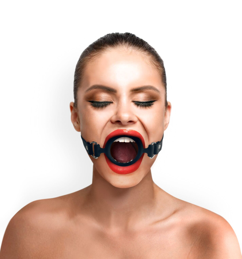 Кляп-розширювач силіконове кільце Art of Sex – Gag Ring, чорний, натуральна шкіра фото 1