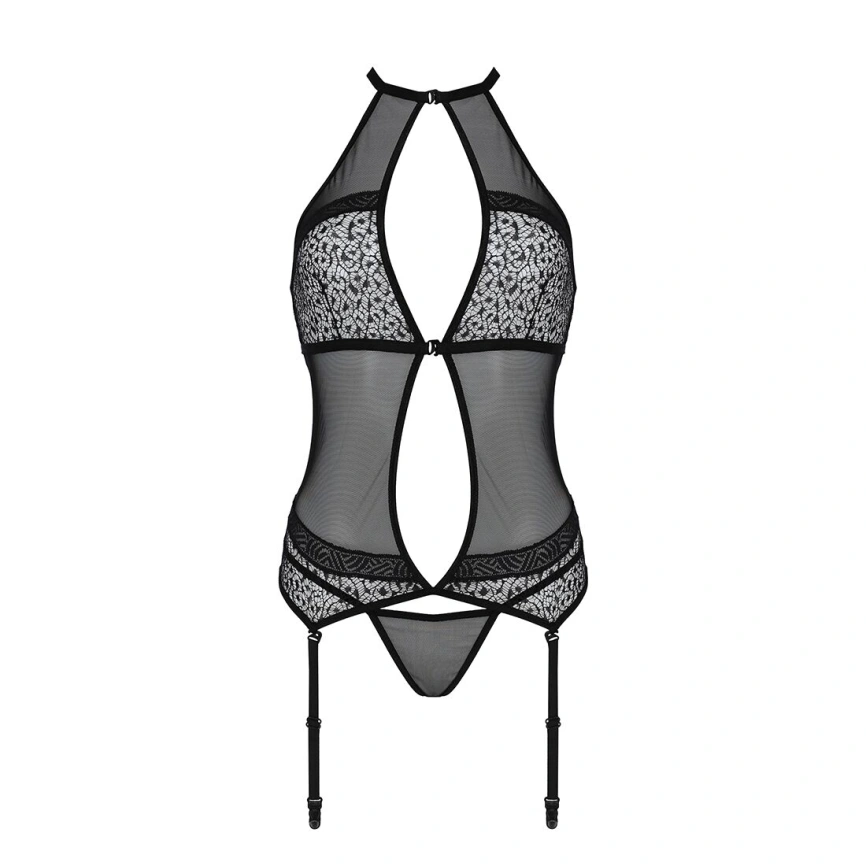 Корсет с пажами Passion SATARA CORSET L/XL black, стринги, кружево, застежки спереди и сзади фото 10