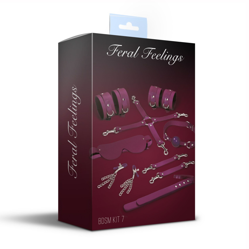 Набір Feral Feelings BDSM Kit 7 Burgundy, наручники, поножі, конектор, маска, падл, кляп, затискачі фото 2