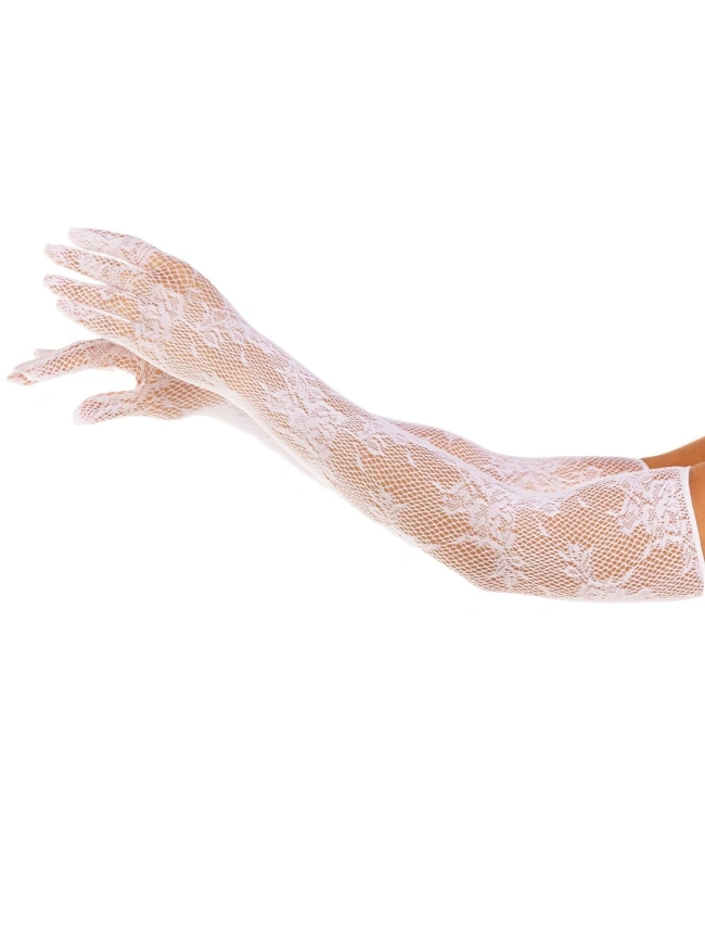 Перчатки Leg Avenue Lace Opera Length Gloves, One Size, белые, выше локтя, сетка с цветочным узором фото 1