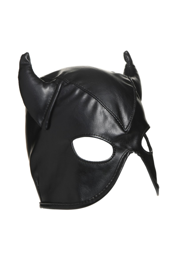 Маска з рогами Master Series: Dungeon Demon Bondage Mask with Horns, чорна фото 3