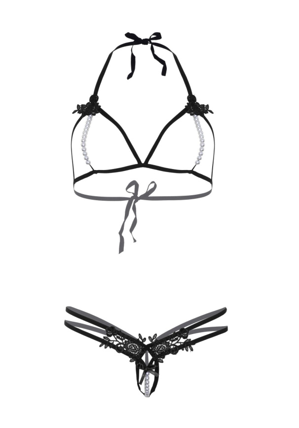 Leg Avenue Open cup bra and pearl panty OS Black фото 9