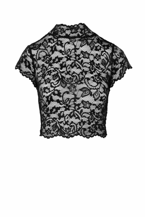 Топ Noir Handmade F303 Essence, S, black, кружевной, короткий рукав, воротник-стойка фото 4