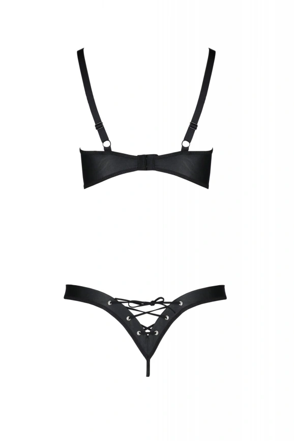 Комплект из экокожи Passion CELINE BIKINI 4XL/5XL black, открытый бра, стринги со шнуровкой фото 4
