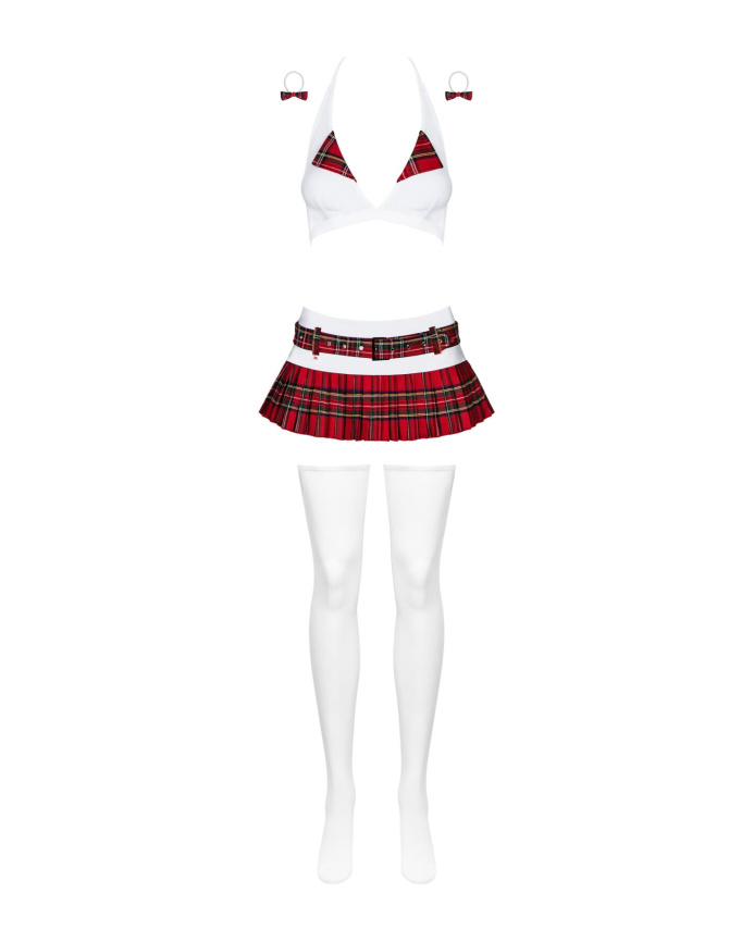 Еротичний костюм школярки з мініспідницею Obsessive Schooly 5pcs costume L/XL, біло-червоний, топ, с фото 5