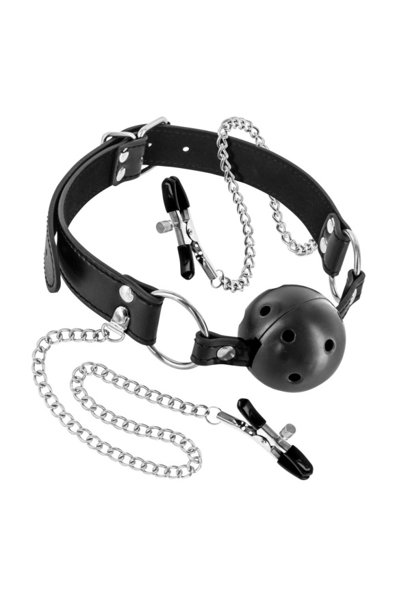 Повітропроникний кляп із затискачами для сосків Fetish Tentation Rigid Gag Ball with Nipple Clamps фото 1