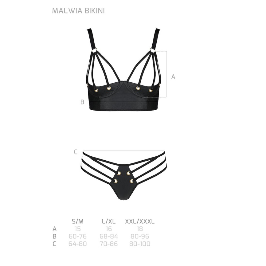 Комплект з екошкіри з люверсами та ремінцями Passion MALWIA BIKINI S/M, black, бра та трусики фото 5