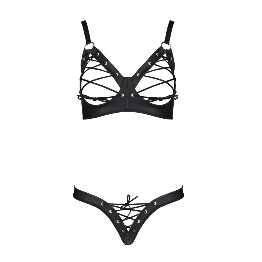 Комплект из экокожи Passion CELINE BIKINI 6XL/7XL black, открытый бра, стринги со шнуровкой фото 7