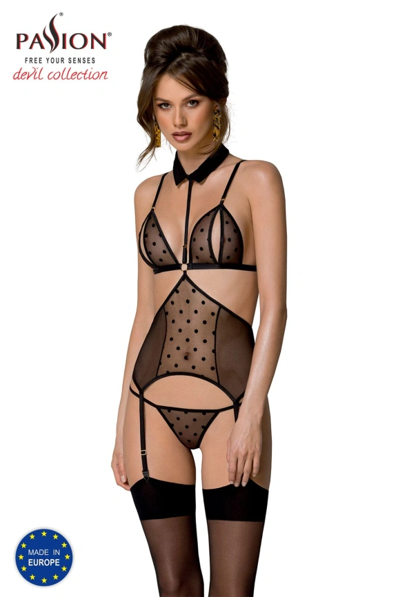 Корсет с открытой грудью Passion DOMINICA CORSET L/XL black, пажи для чулок, стринги фото 1