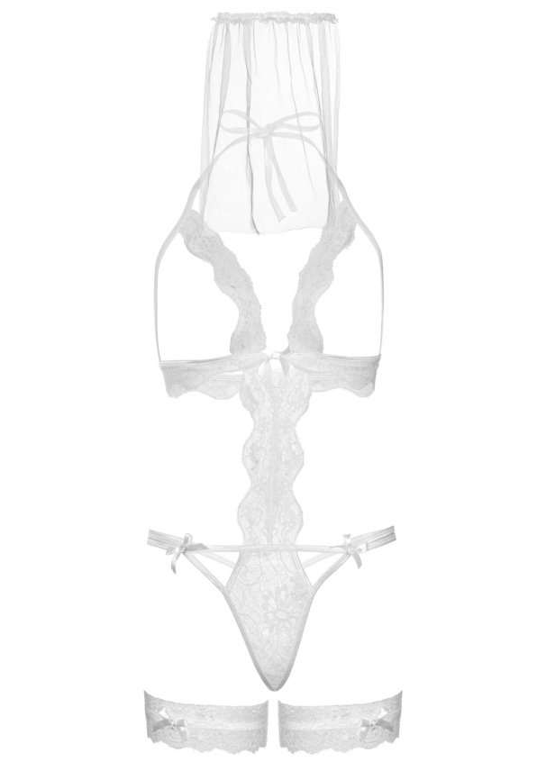 Костюм нареченої Leg Avenue G-string teddy, veil & garter One size White, з відкритими грудьми фото 4