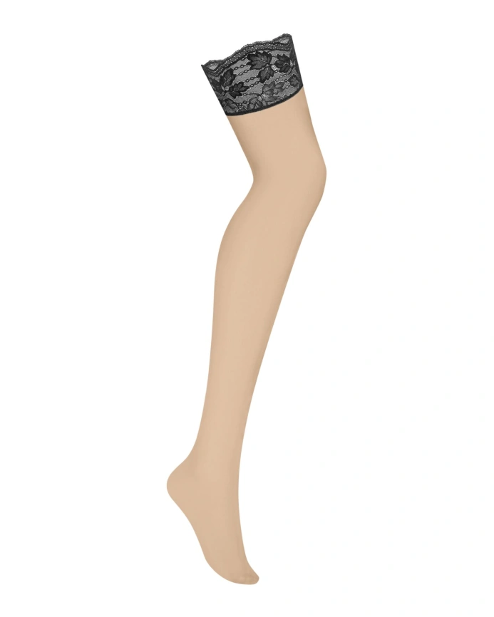 Чулки Obsessive Nutris stockings, M/L, телесные, с черным кружевом, под пояс фото 2