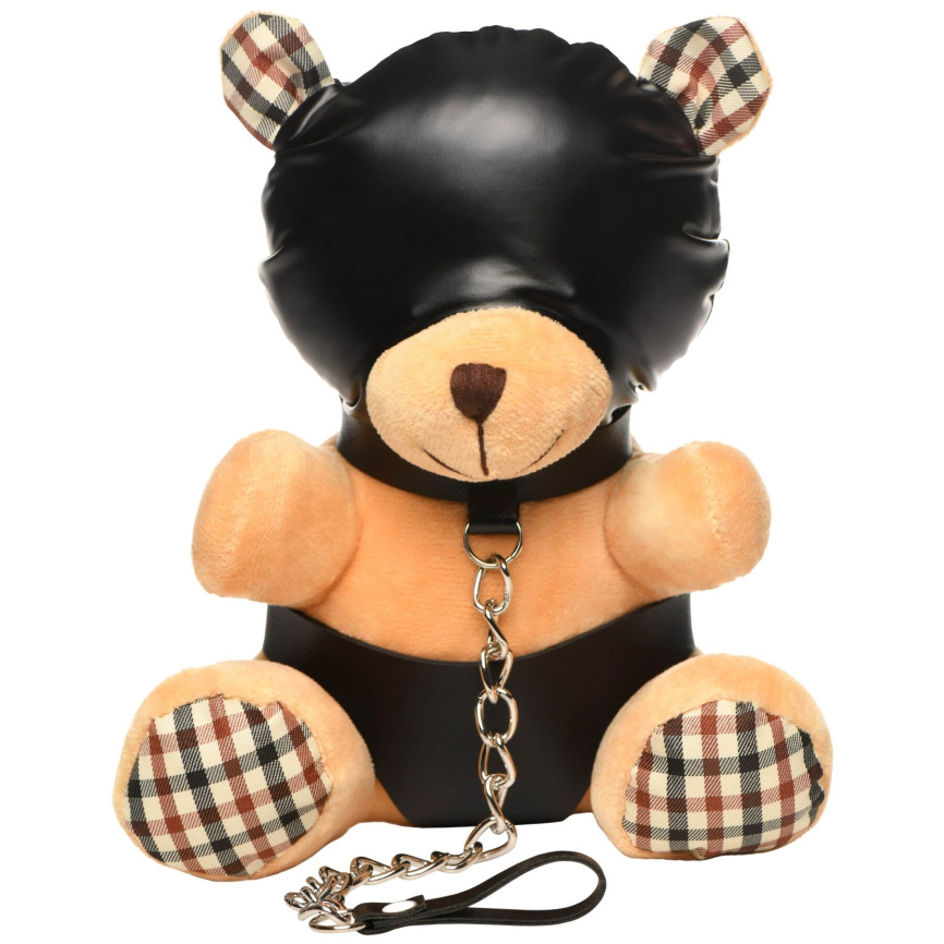 Плюшевий ведмедик HOODED Teddy Bear БДСМ у шкіряному капюшоні з повідцем, 23x16x12 см фото 1