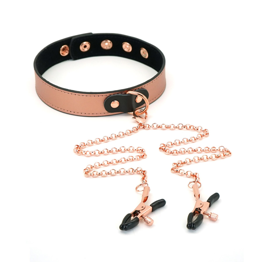 Нашийник із затискачами для сосків Liebe Seele Rose Gold Memory Collar with Nipple Clamps, шкіра фото 8