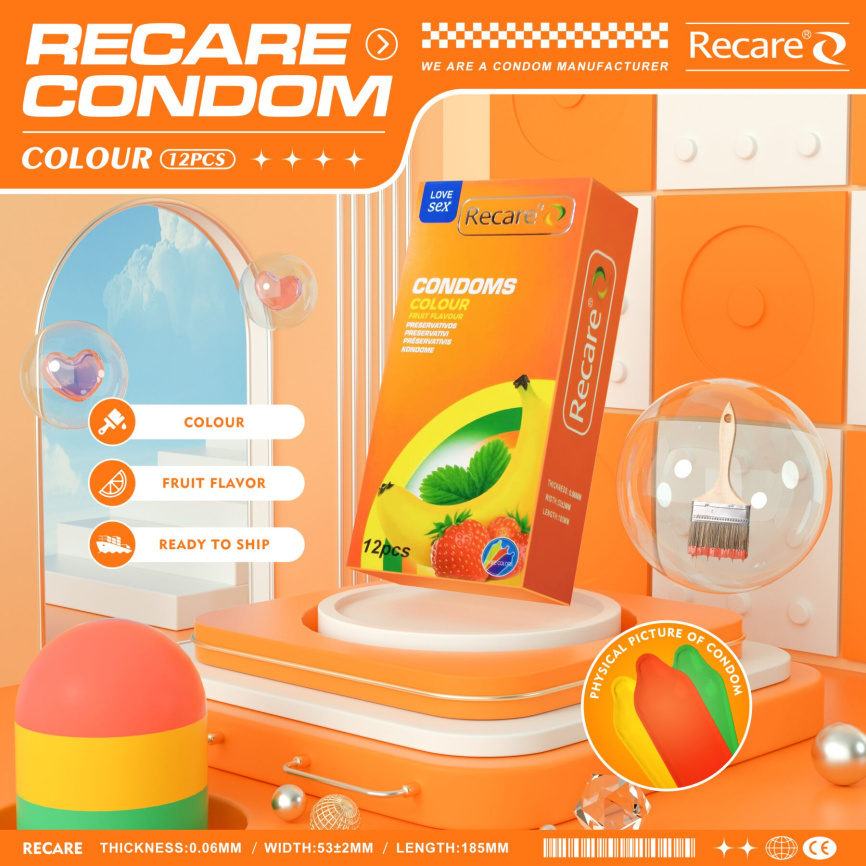 Презервативи Recare Color Fruit Flavour Condoms 12 шт, аромати: м'ята, банан, полуниця фото 5