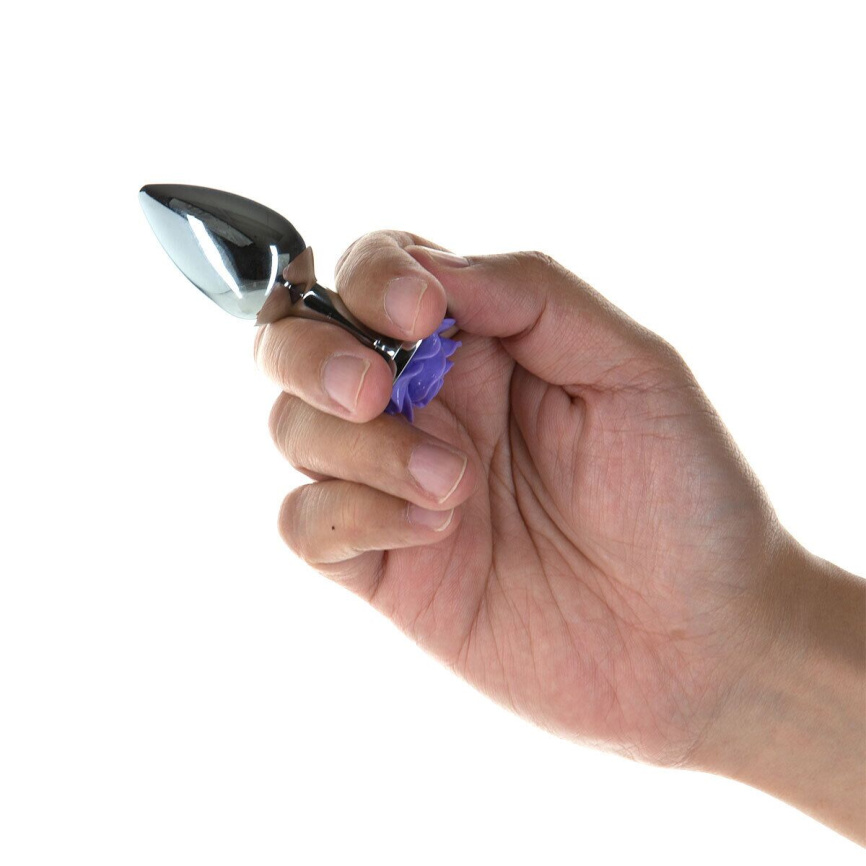Металева анальна пробка Lux Active з трояндою - Rose Anal Plug - Purple, віброкуля в подарунок фото 4
