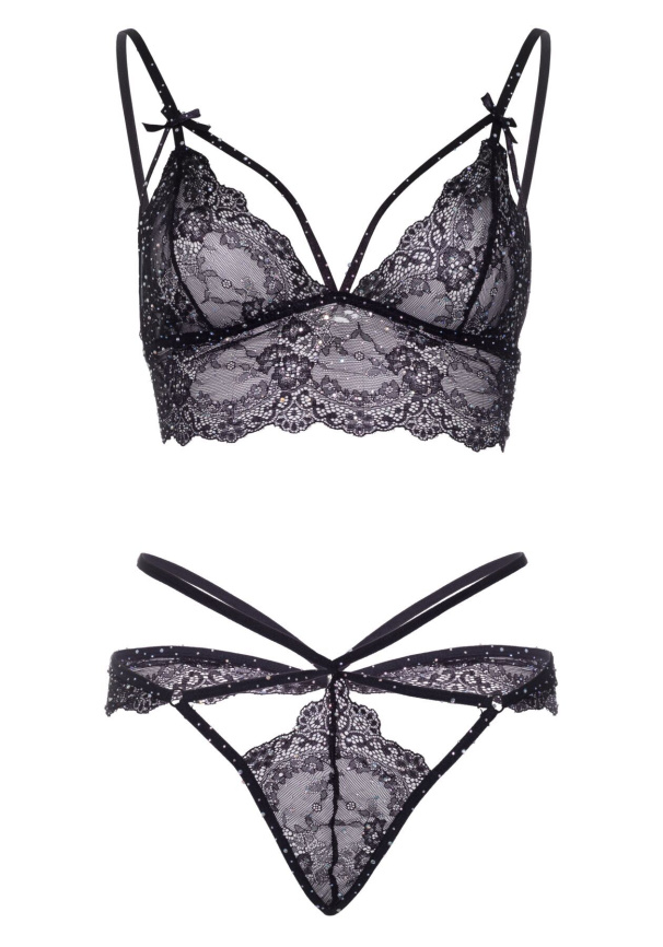 Еротичний комплект зі стрепами та стразами Leg Avenue Ready Or Not S Black, бра + стрінги фото 5