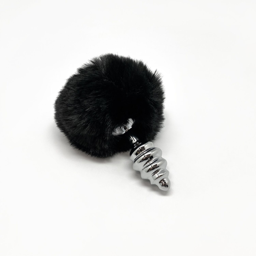 Металева анальна пробка Кролячий хвостик Alive Fluffy Twist Plug S Black, діаметр 2,9 см фото 2