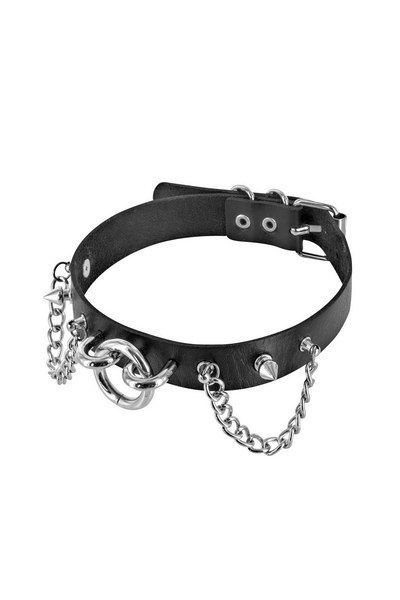 Нашийник ланцюжками, шипами і кільцем Fetish Tentation Choker Rings and Chains, екошкіра фото 1