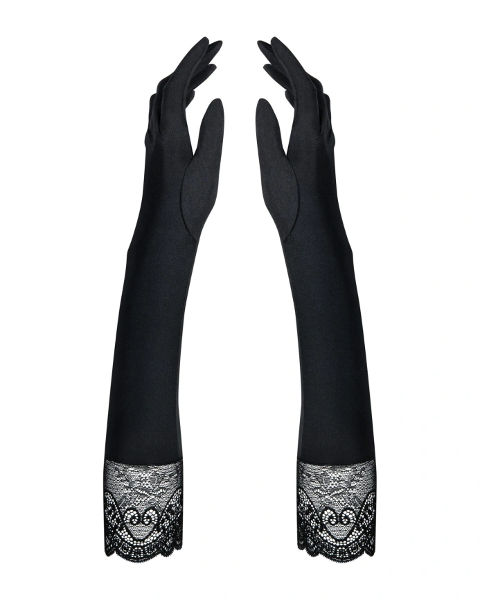 Высокие перчатки с камнями и кружевом Obsessive Miamor gloves, black фото 1
