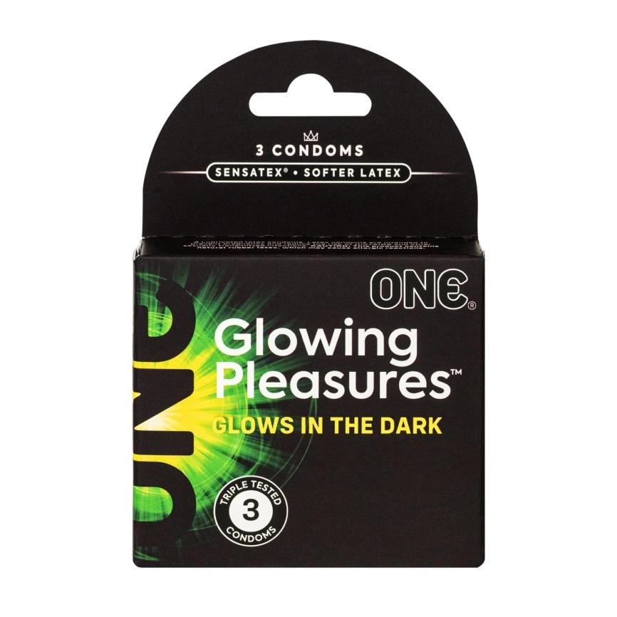 Презервативы ONE Glowing Pleasures, 3 шт, светятся в темноте, со смазкой, картонная упаковка фото 1