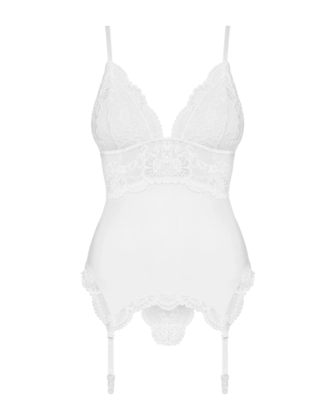 Сатиновый кружевной корсет Obsessive 810-COR-2 babydoll & thong L/XL, белый, корсет, танга фото 5