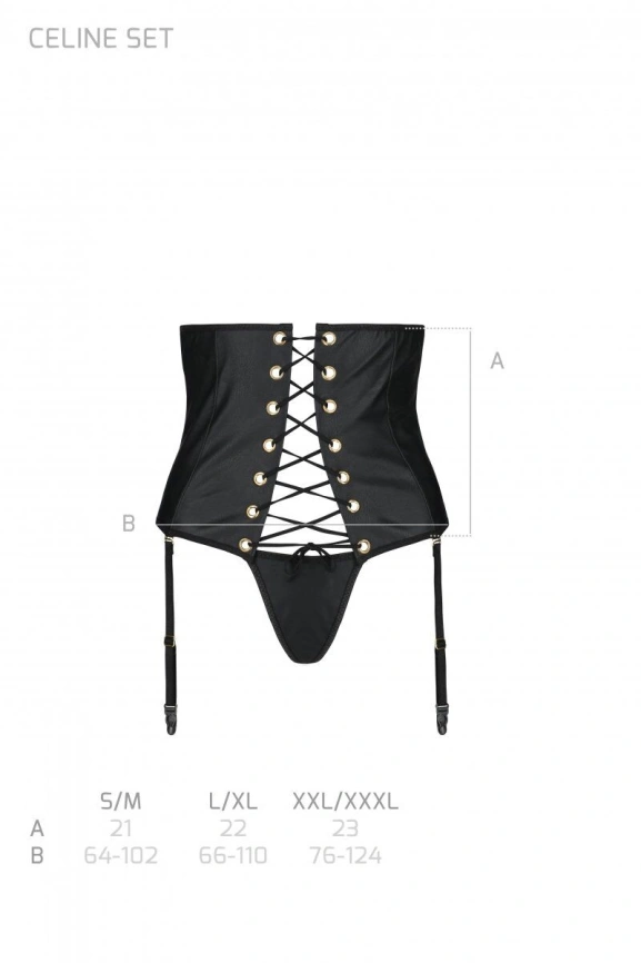 Пояс-корсет из экокожи Passion CELINE SET S/M, black, шнуровка, съемные пажи для чулок, стринги фото 5