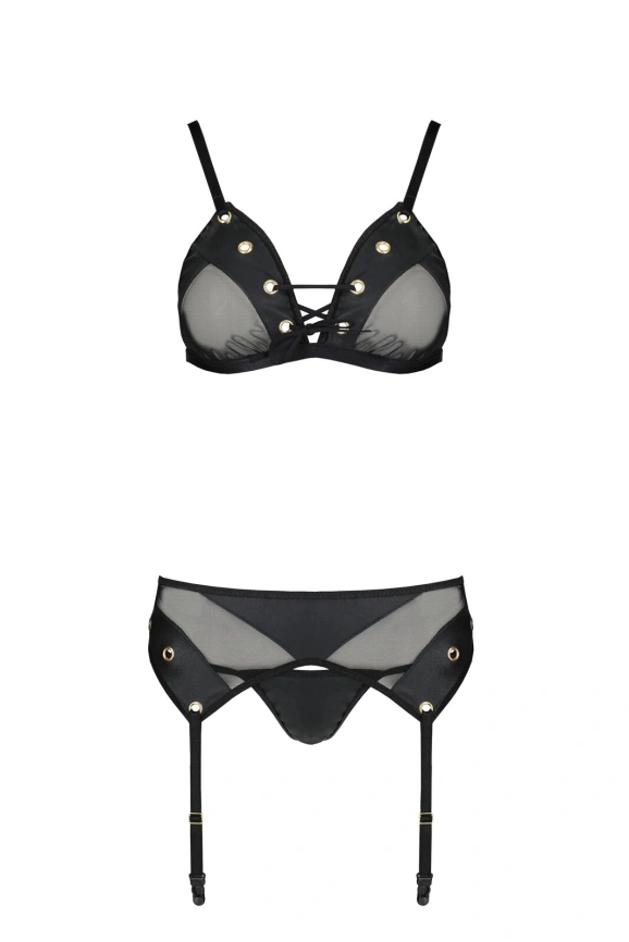 Комплект белья Passion NESSY SET L/XL black, бюстгальтер, пояс для чулок, стринги фото 3