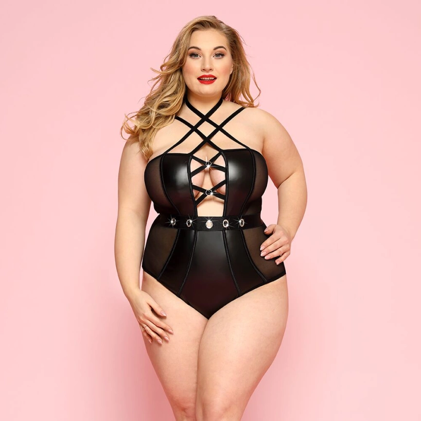 Сексуальное боди JSY «Страстная Лорейн» Plus Size Black, люверсы, стрепы, экокожа, шнуровка фото 1