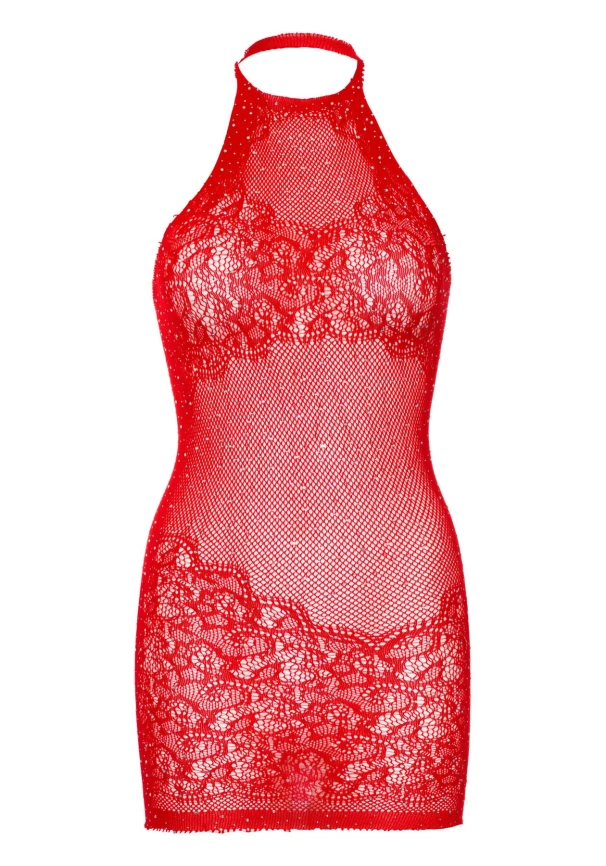 Платье-сетка со стразами Leg Avenue Rhinestone halter mini dress Red, открытая спина, one size фото 11