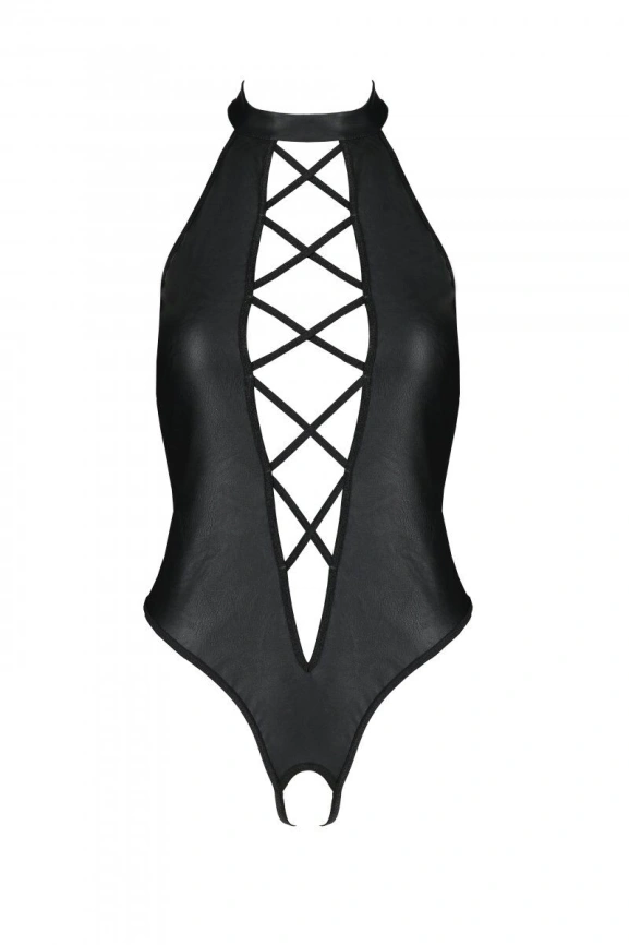 Боди из эко-кожи с имитацией шнуровки и открытым доступом Passion NANCY BODY S/M, black фото 5
