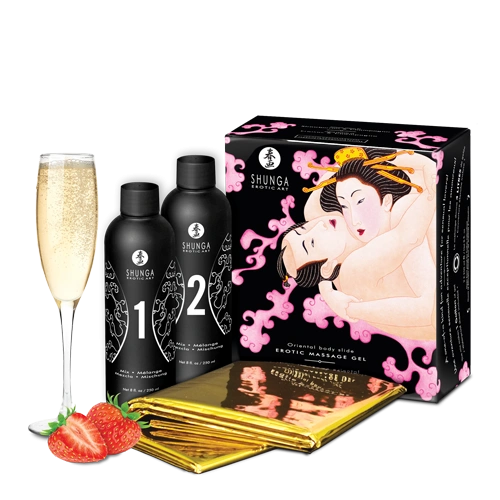 Гель для NURU-массажа Shunga Oriental Body-to-Body – Sparkling Strawberry Wine плюс простыня фото 3