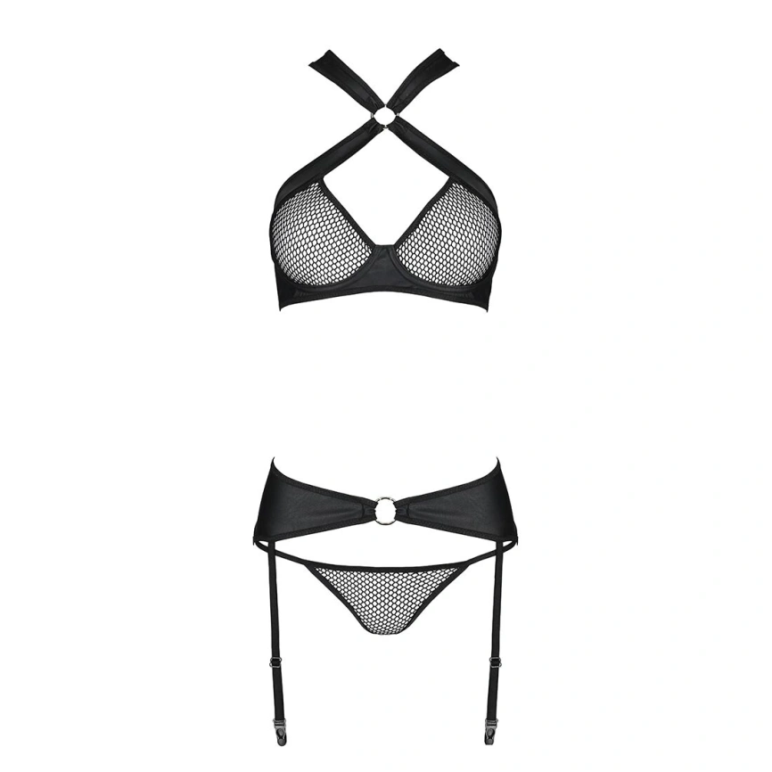 Сетчатый набор, бюстгальтер с халтером, трусики и пояс для чулок AMANDA SET XXL/XXXL, black фото 11