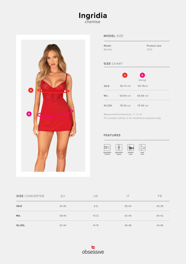 Пеньюар Obsessive Ingridia chemise & thong XL/2XL, червоний, сорочка, стрінги фото 5