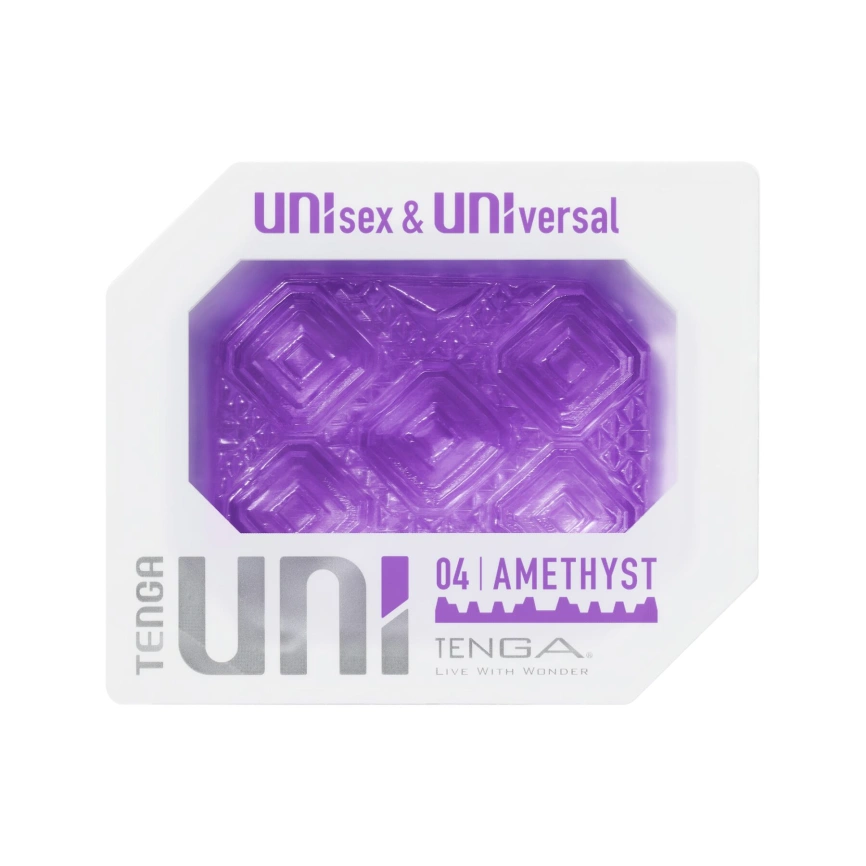 Унисекс-стимулятор Tenga UNI Amethyst, фиолетовый, узор в виде рельефных квадратов, лубрикант в комплекте фото 1