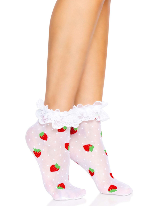 Шкарпетки жіночі з полуничним принтом Leg Avenue Strawberry ruffle top anklets One size, мереживні м фото 4