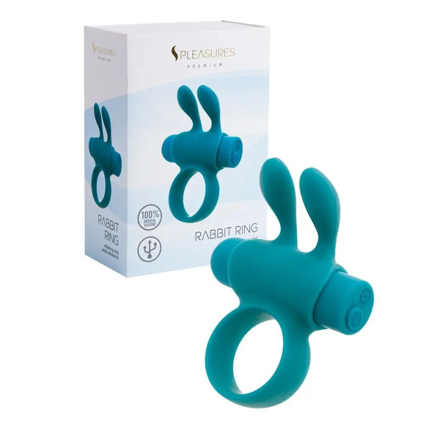 Ерекційне віброкільце S Pleasures Premium Rabbit Ring бірюзове, зі знімною віброкулею та вушками фото 2