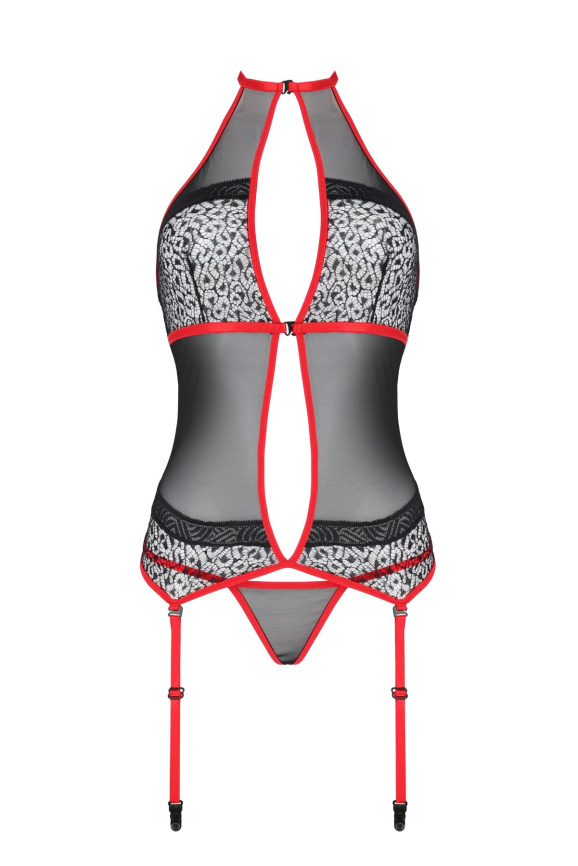 Корсет з пажами Passion SATARA CORSET XXL/XXXL red, стрінги, мереживо, застібки спереду та ззаду фото 3