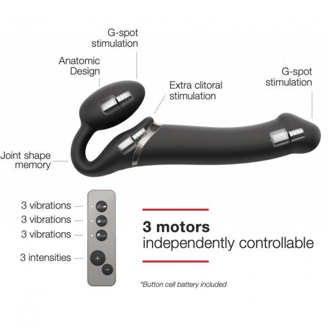 Безремінний страпон з вібрацією Strap-On-Me Vibrating Black M, діаметр 3,8см, пульт ДК, регульований фото 5