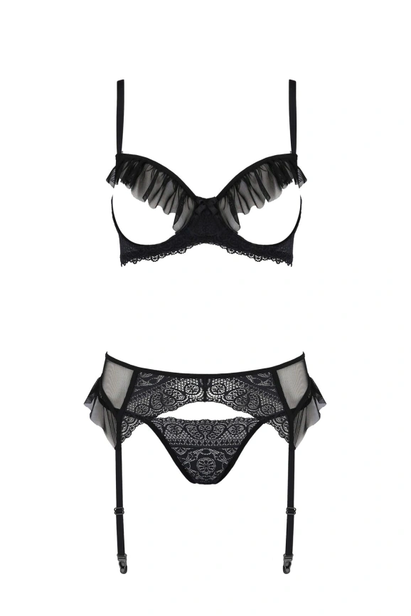Комплект Passion KERRIA SET WITH OPEN BRA black, L/XL, бюстгальтер с открытой чашкой, стринги, пояс для чулок фото 3