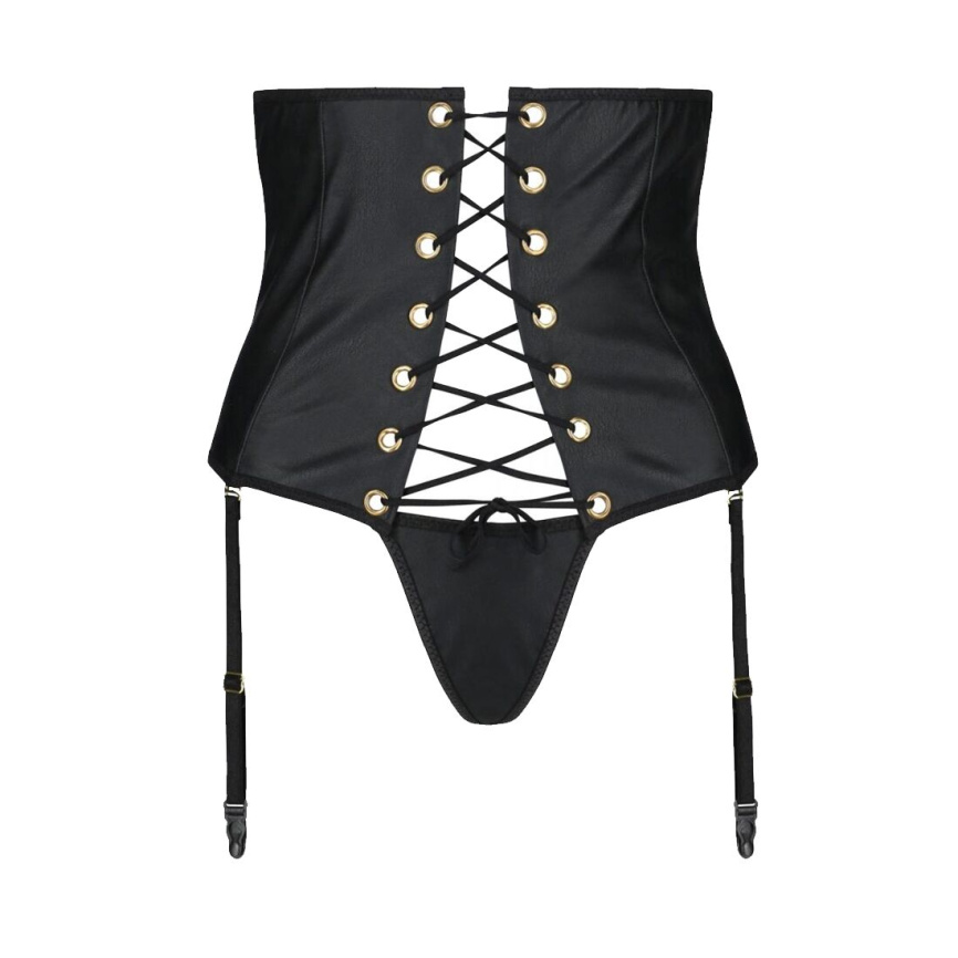 Пояс-корсет з екошкіри Passion CELINE SET with Open Bra 4XL/5XL, black, шнурівка, пажі, стрінги фото 7